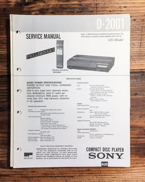 Sony D-2001 CD Player  Prelim. Service Manual *Original* #2