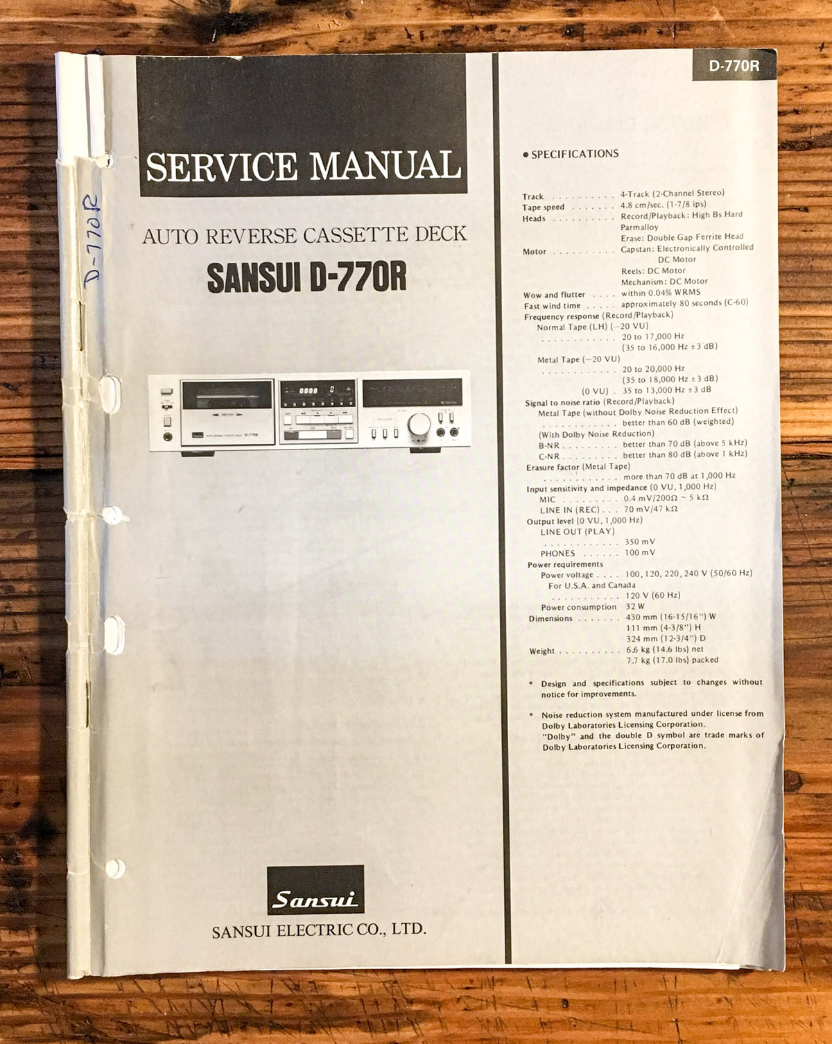 Sansui D-770R Cassette  Service Manual *Original*