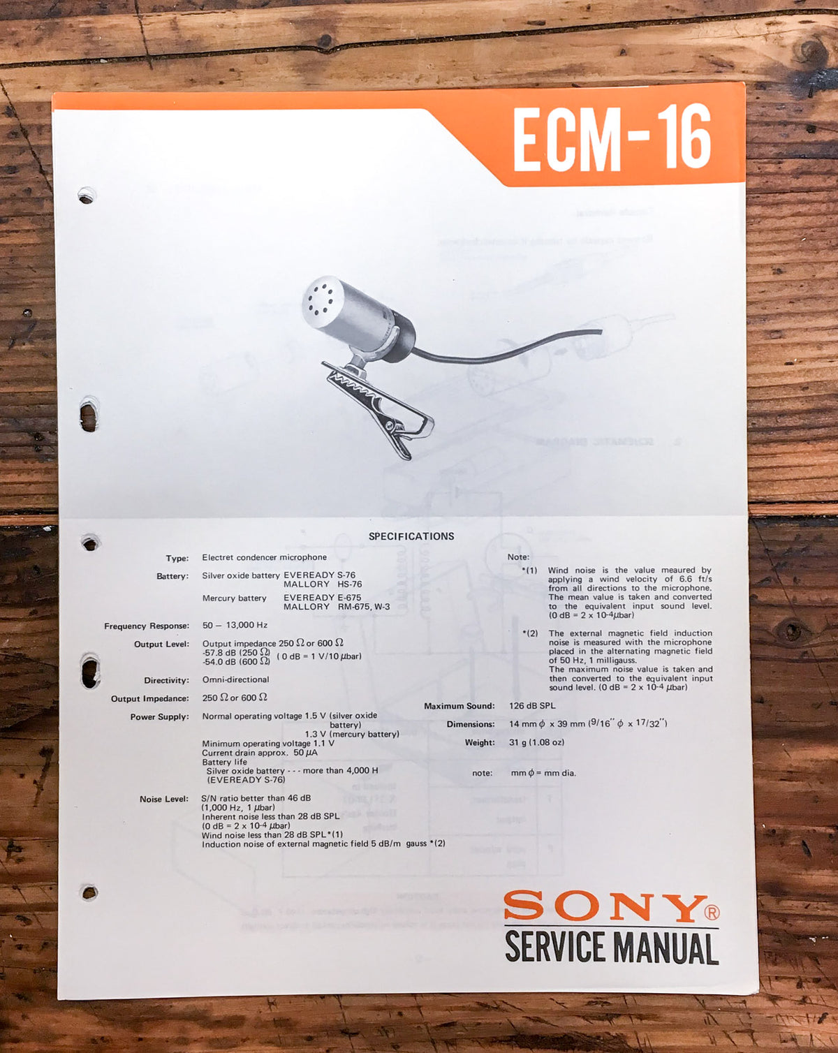 Sony ECM-16 Microphone  Service Manual *Original*