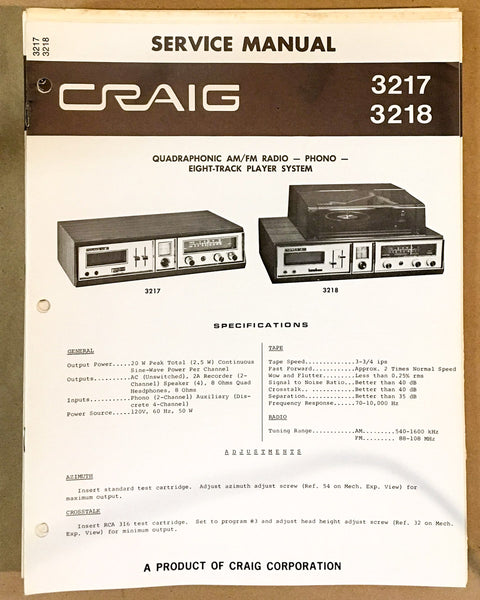 Craig Model 3217 3218 8 Track Stereo Service Manual *Original*