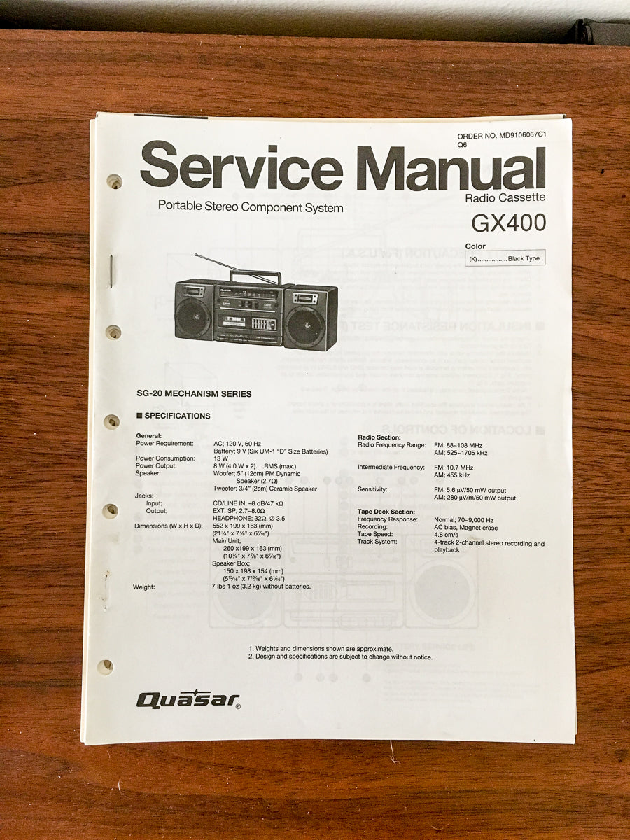 Quasar / Technics GX400 GX-400 Radio Cassette Service Manual *Original*