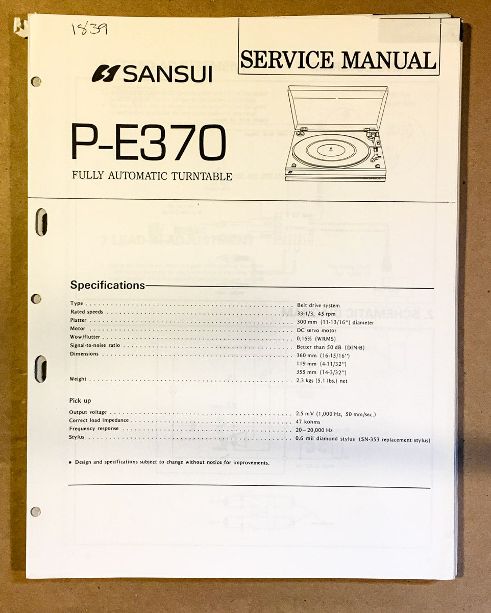 Sansui P-E370 Record Player / Turntable Service Manual *Original*