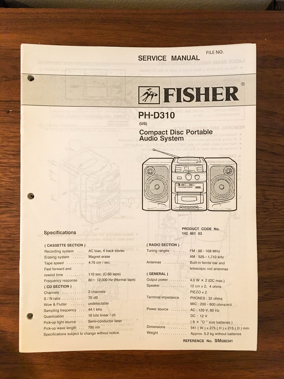 Fisher PH-D310 Boombox Radio Service Manual *Original*