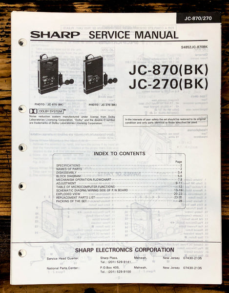 Sharp JC-270 JC-870 Cassette Service Manual *Original*