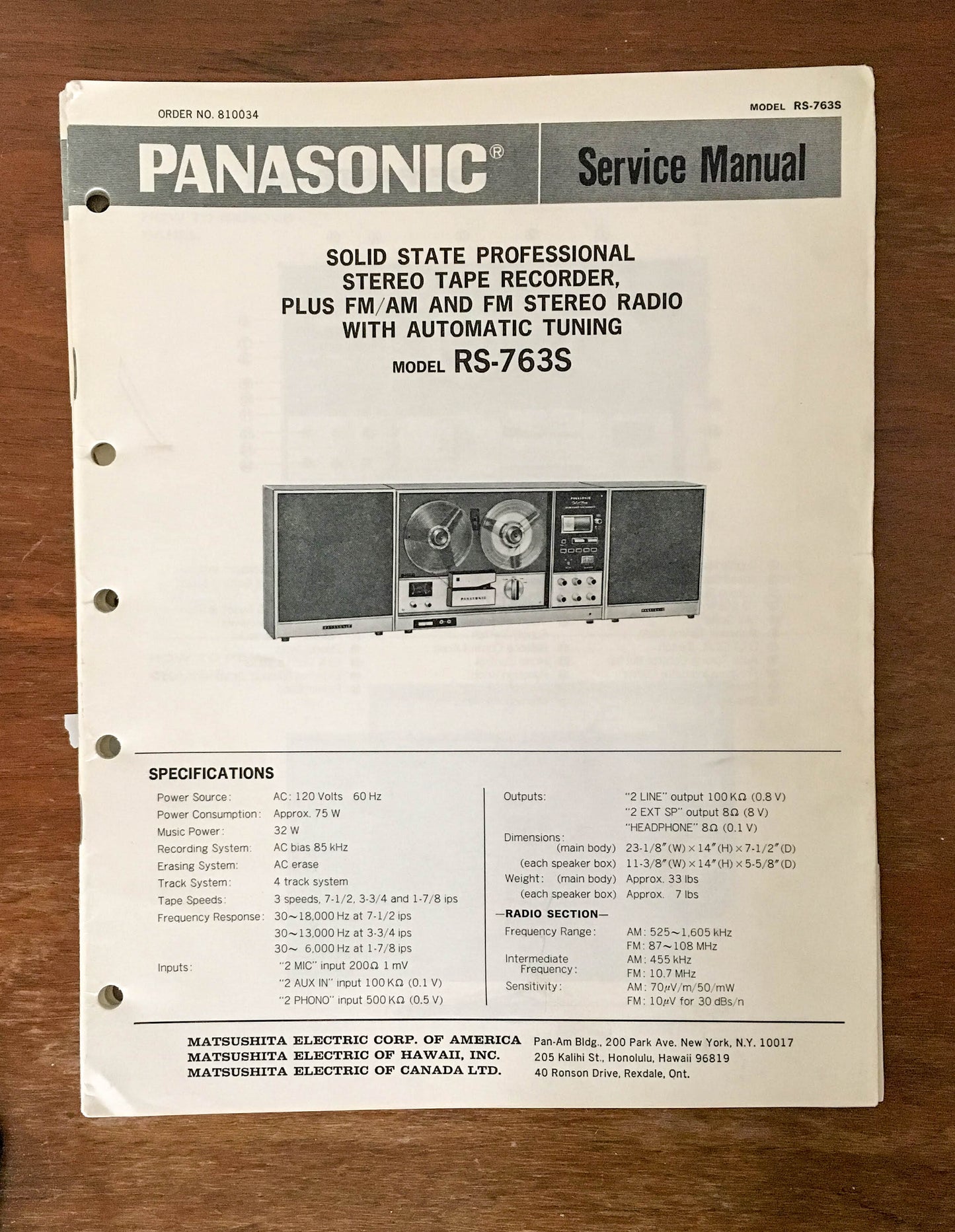 Panasonic Technics RS-763S Reel to Reel  Service Manual *Original* #2