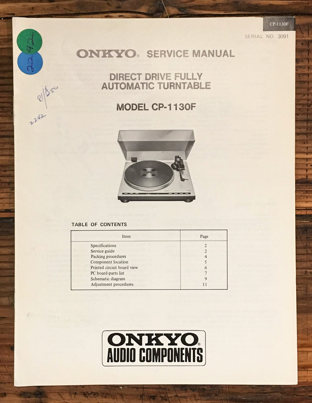 Onkyo CP-1130F Record Player / Turntable  Service Manual *Original*