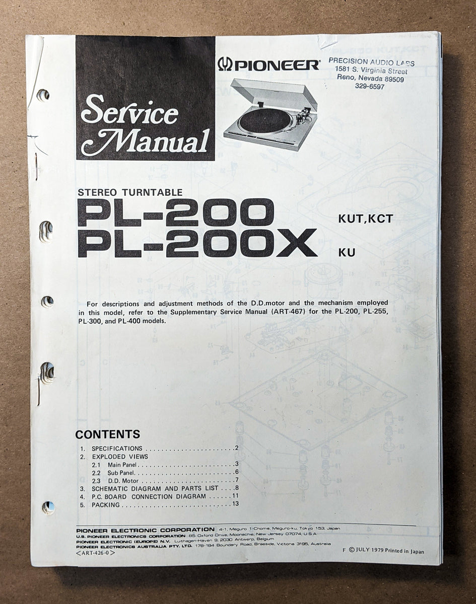 Pioneer PL-200 PL-200X Record Player / Turntable  Service Manual *Original*