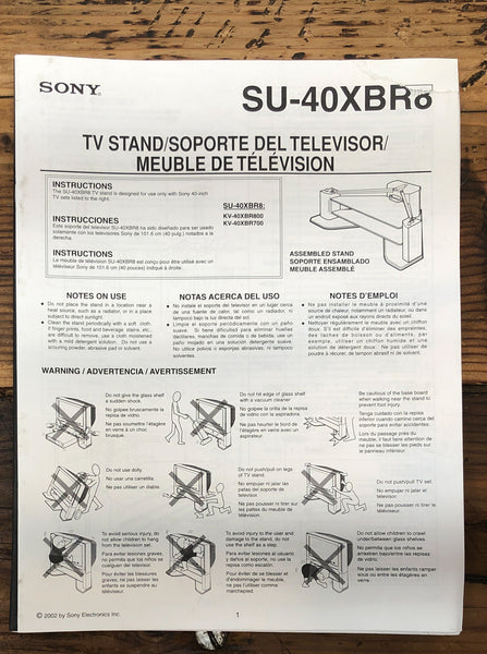 Sony SU-40XBR 8 TV Stand  Owner / User Manual *Original*