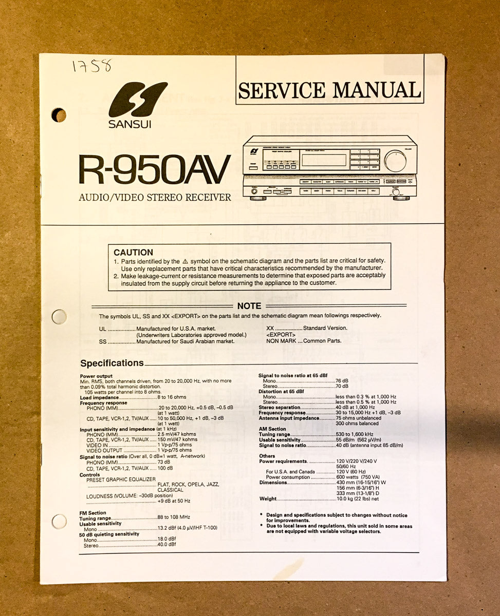 Sansui  R-950AV 950 AV Receiver Service Manual *Original*