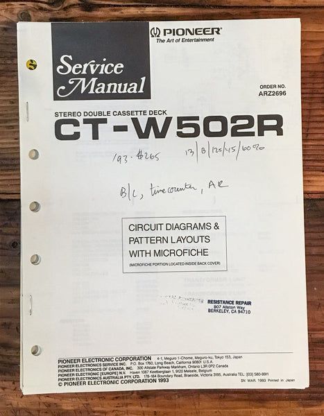 Pioneer CT-W502R Cassette Deck  Service Manual *Original*