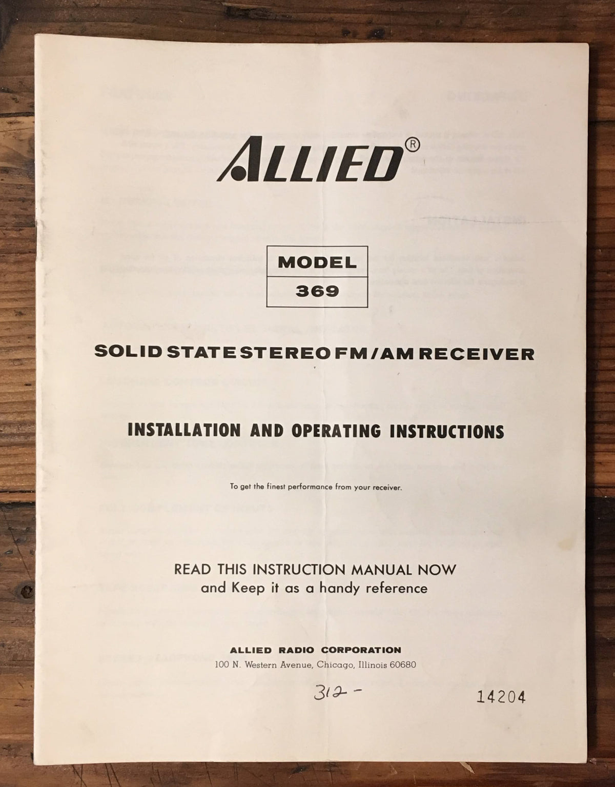Allied Model 369 Receiver Service Manual *Original*