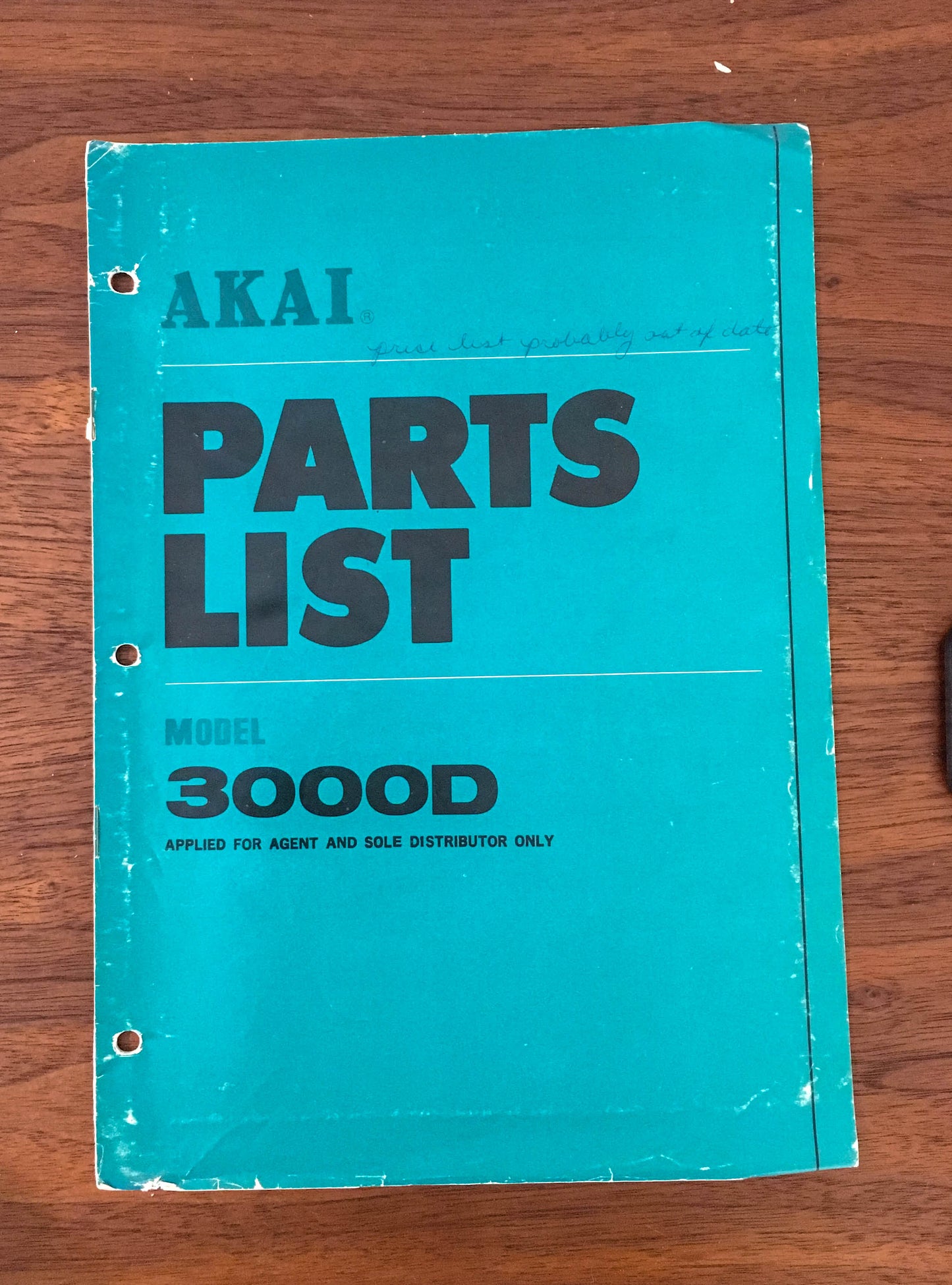 Akai Model 3000D TAPE RECORDER Parts List Manual *Original*