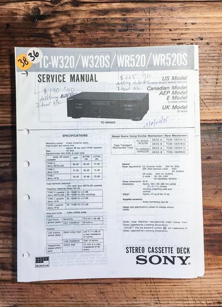 Sony TC-W320 TC-WR520 -W320S -WR520S Cassette Deck  Service Manual *Original* #1