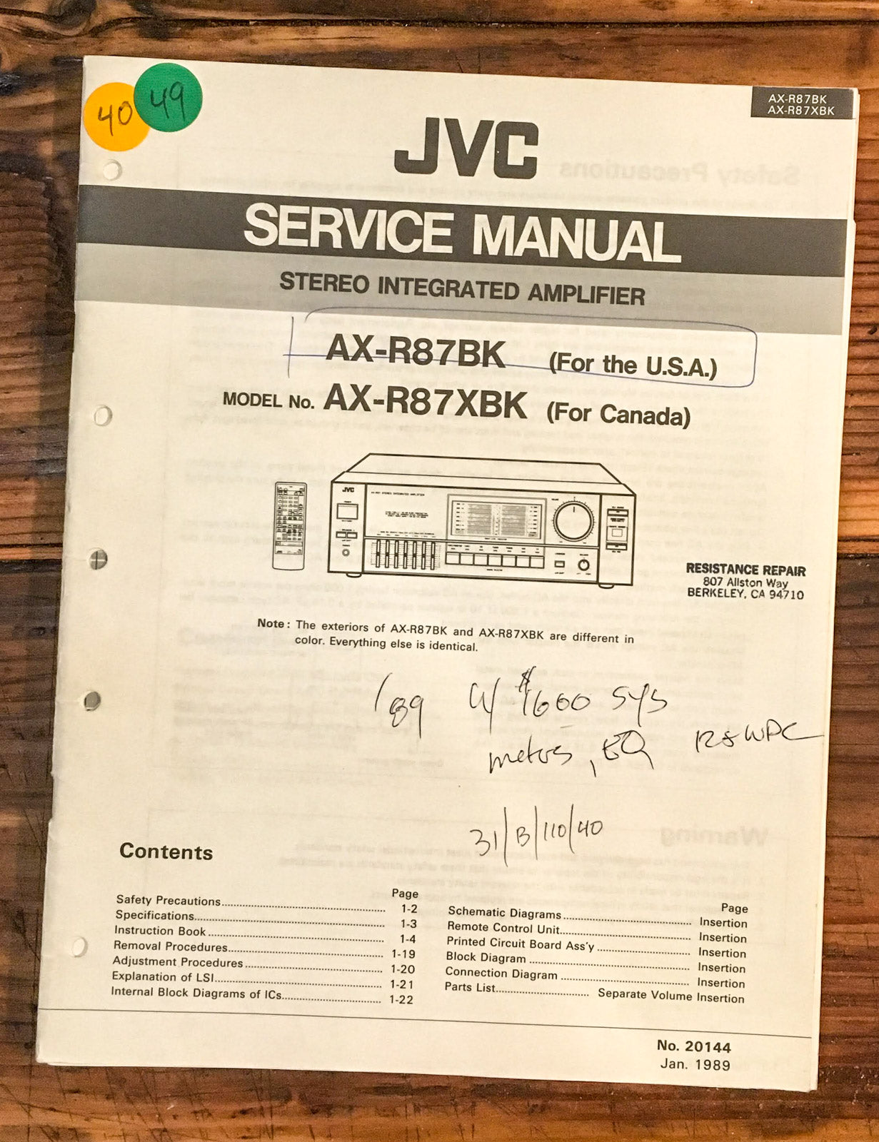 JVC AX-R87BK VBK AX-R87 Amplifier  Service Manual *Original*