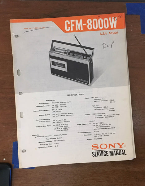 Sony CFM-8000W Radio Cassette Recorder Service Manual *Original*