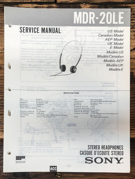 Sony MDR-20LE Headphones  Service Manual *Original*