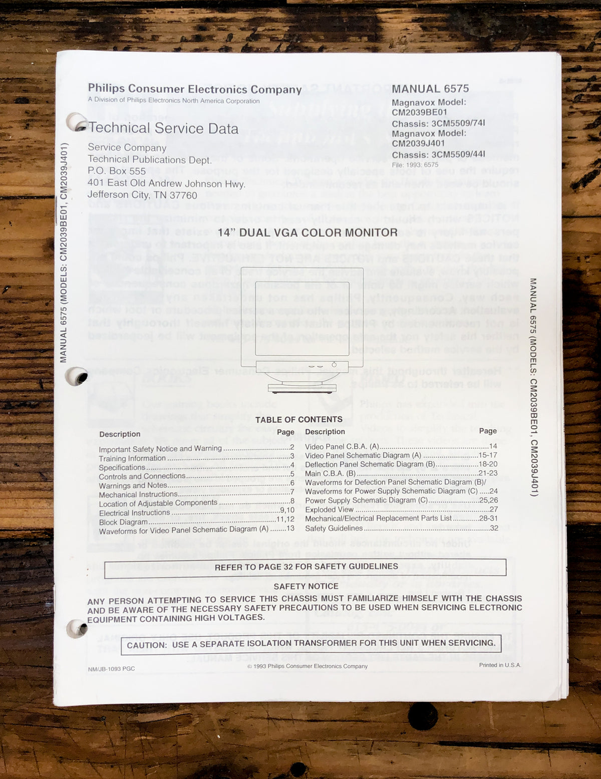 Magnavox CM2039BE01 CM2039J401 Monitor  Service Manual *Original*