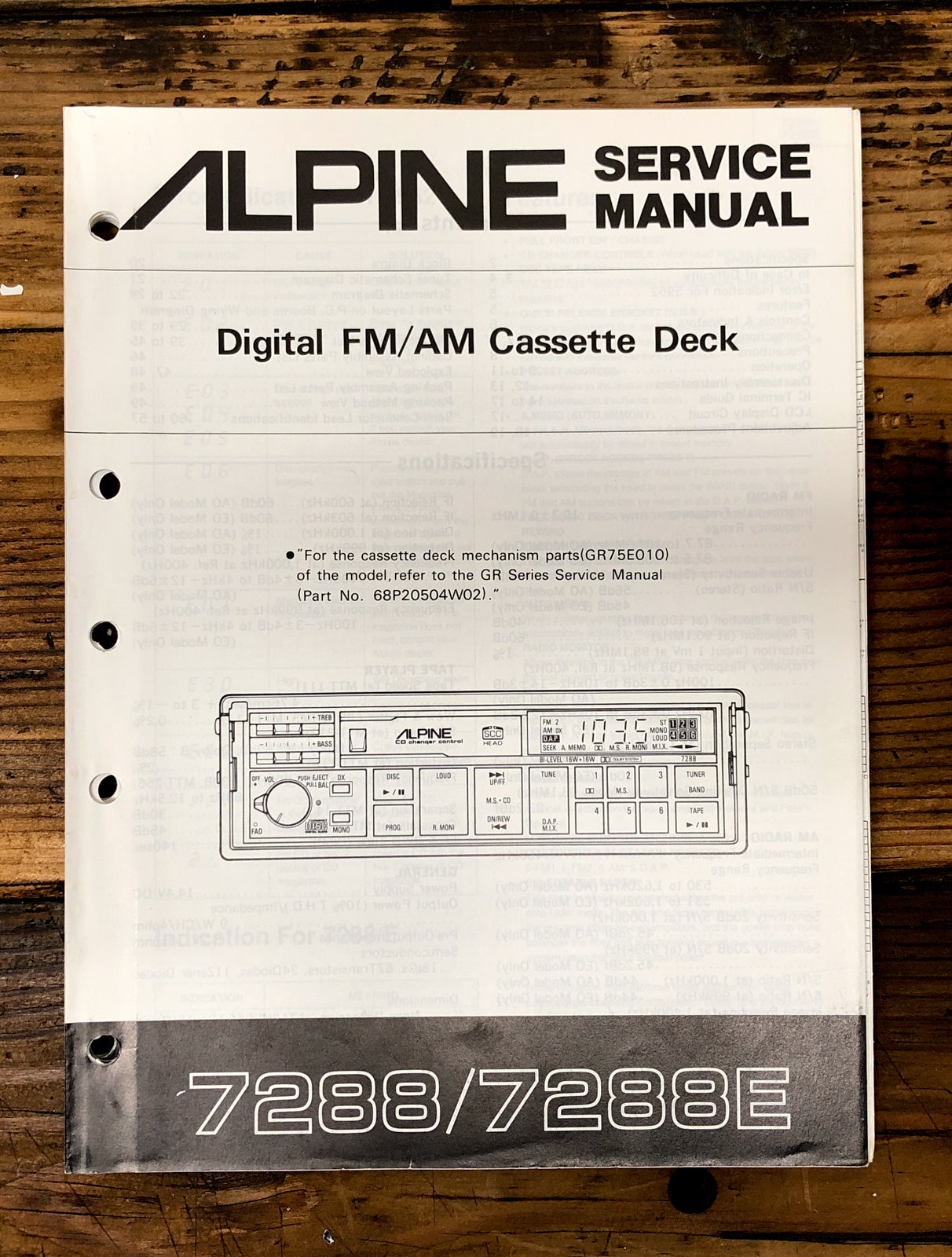 Alpine Model 7288 7288E Car Stereo  Service Manual *Original*