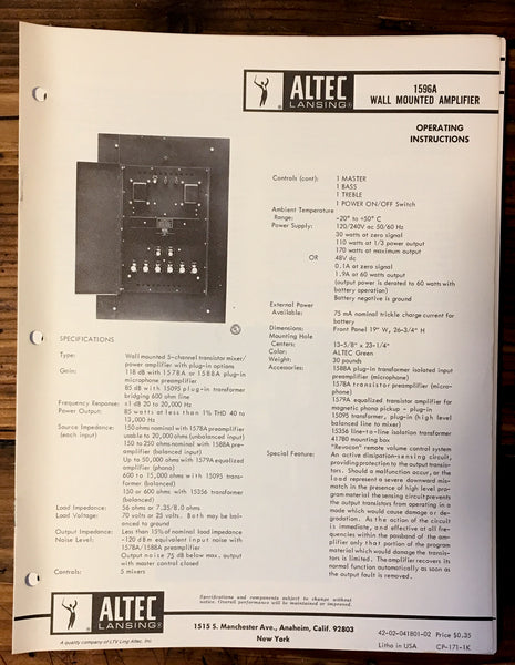 Altec Model 1596A Amplifier Owner / Operating Manual *Original*