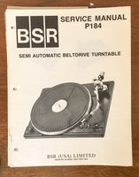 BSR P184  Record Player / Turntable  Service Manual *Original*