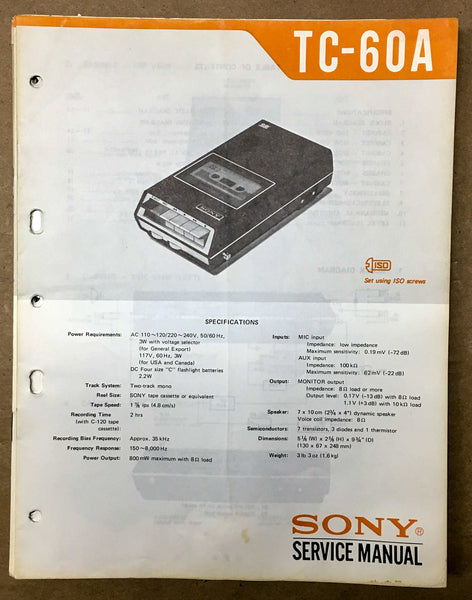 Sony TC-60A Cassette Tape Player Service Manual *Original* #2