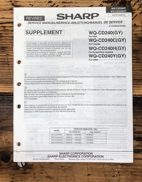 Sharp WQ-CD240 CD240C CD240H CD240Y Radio Service Manual Supp. *Original*