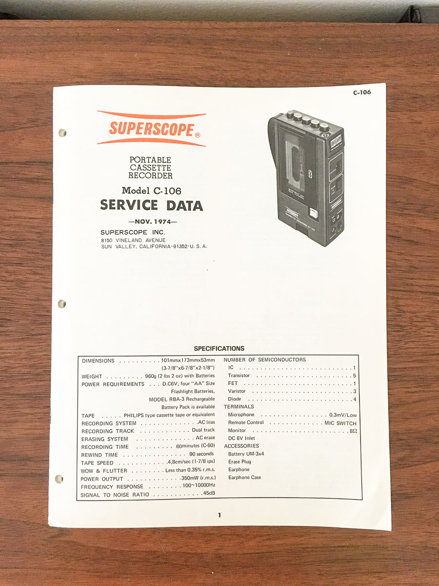 Superscope / Marantz C-106 Cassette Service Manual *Original*