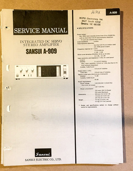 Sansui A-909 Amplifier Service Manual *Original* #1