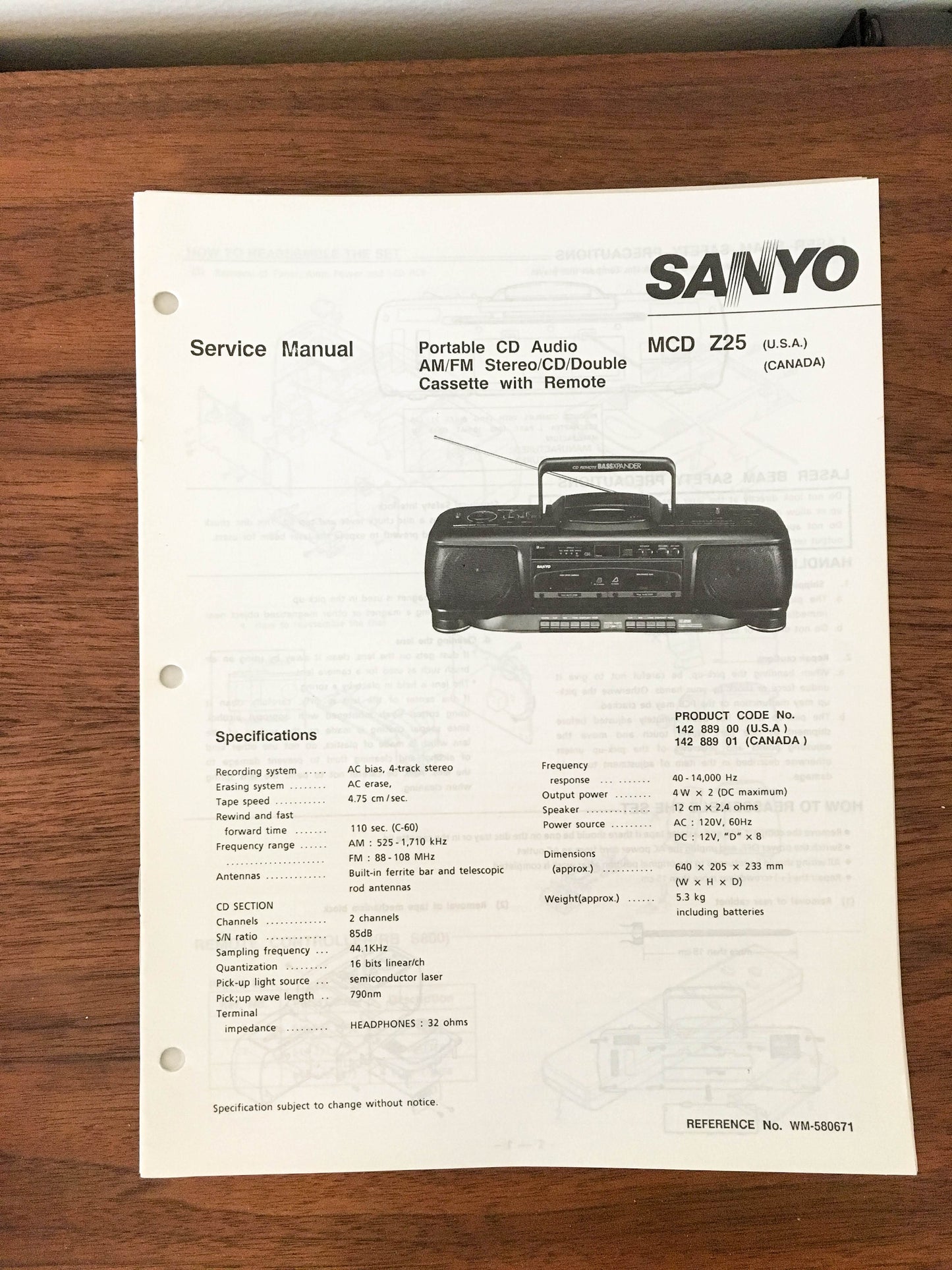 Sanyo MCD-Z25 Boombox Stereo Service Manual *Original*