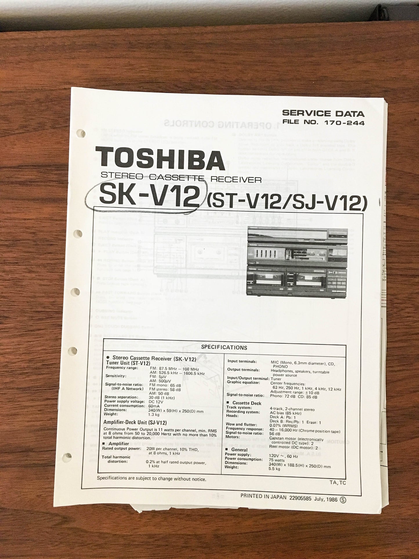 Toshiba SK-V12 ST-V12 SJ-V12 Receiver Service Manual *Original*