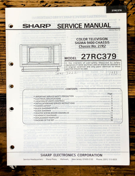 Sharp 27RC379 TV / Television Service Manual *Original*