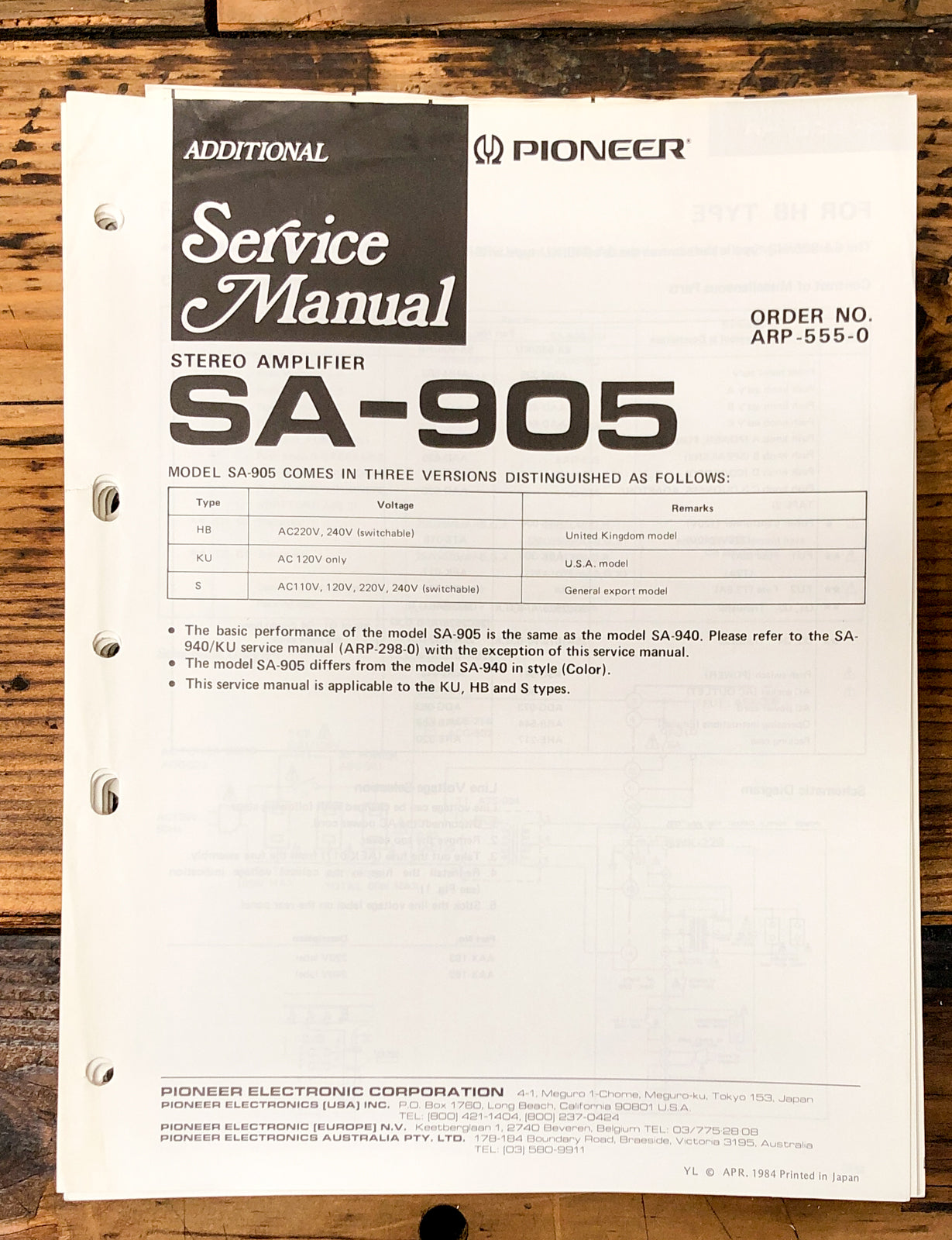 Pioneer SA-905 Amplifier Add. Service Manual *Original*