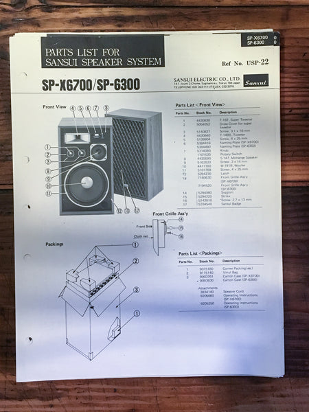 Sansui SP-X6700 SP-6300 Speaker Parts List Manual *Original*