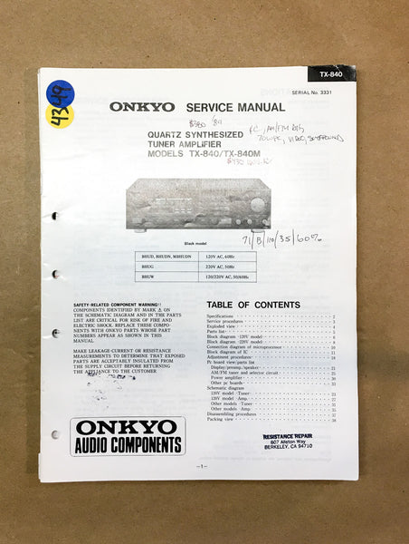 Onkyo TX-840 Stereo Receiver  Service Manual *Original*