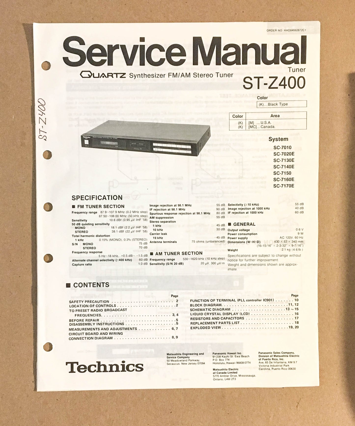TECHNICS S-Z400 TUNER  Service Manual *Original*