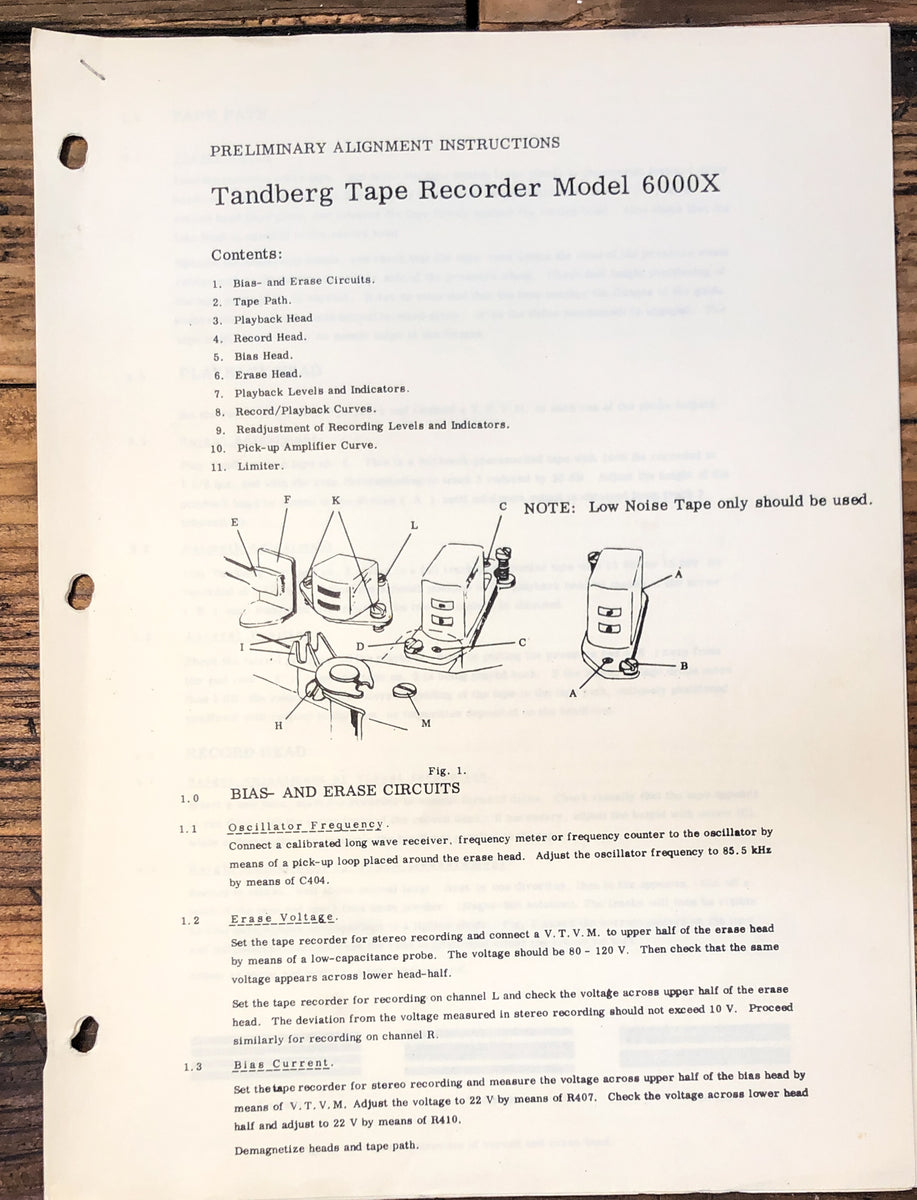 Tandberg 6000X Tape Recorder Prelim. Alignment Instructions Vintage