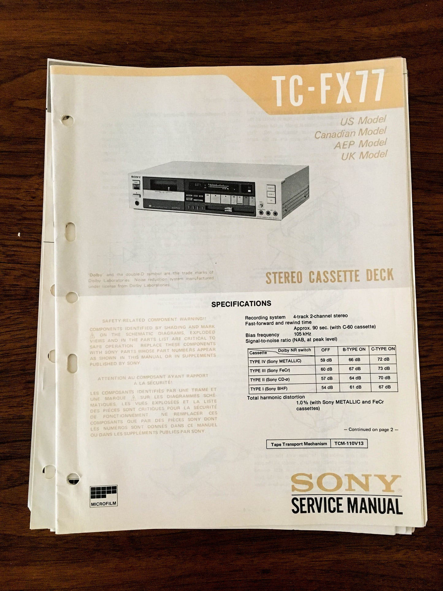 Sony TC-FX77 Cassette Service Manual *Original*