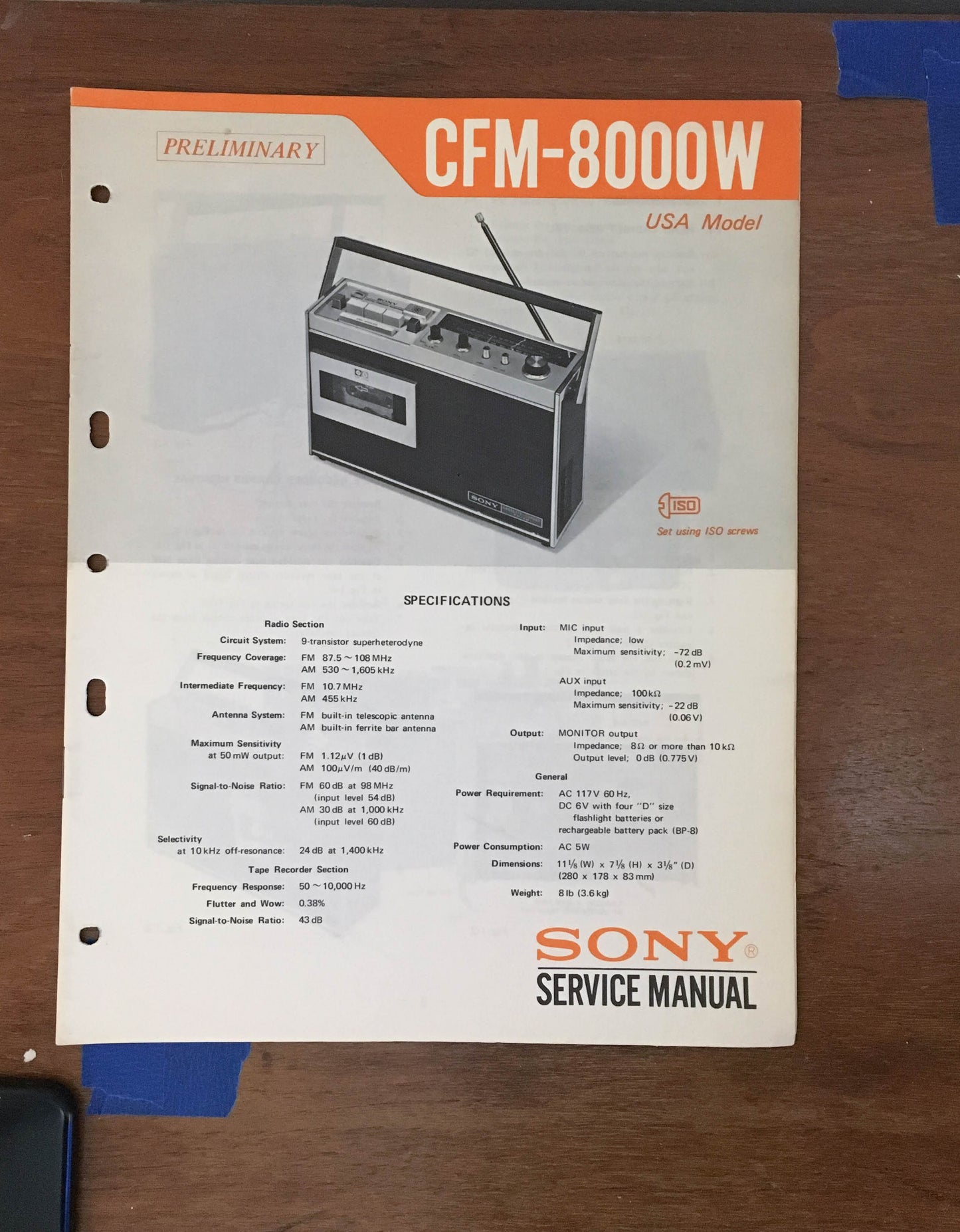 Sony CFM-8000W Radio Cassette Recorder Preliminary Service Manual *Original*
