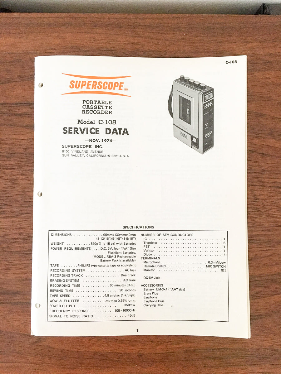 Superscope / Marantz C-108 Cassette Service Manual *Original*