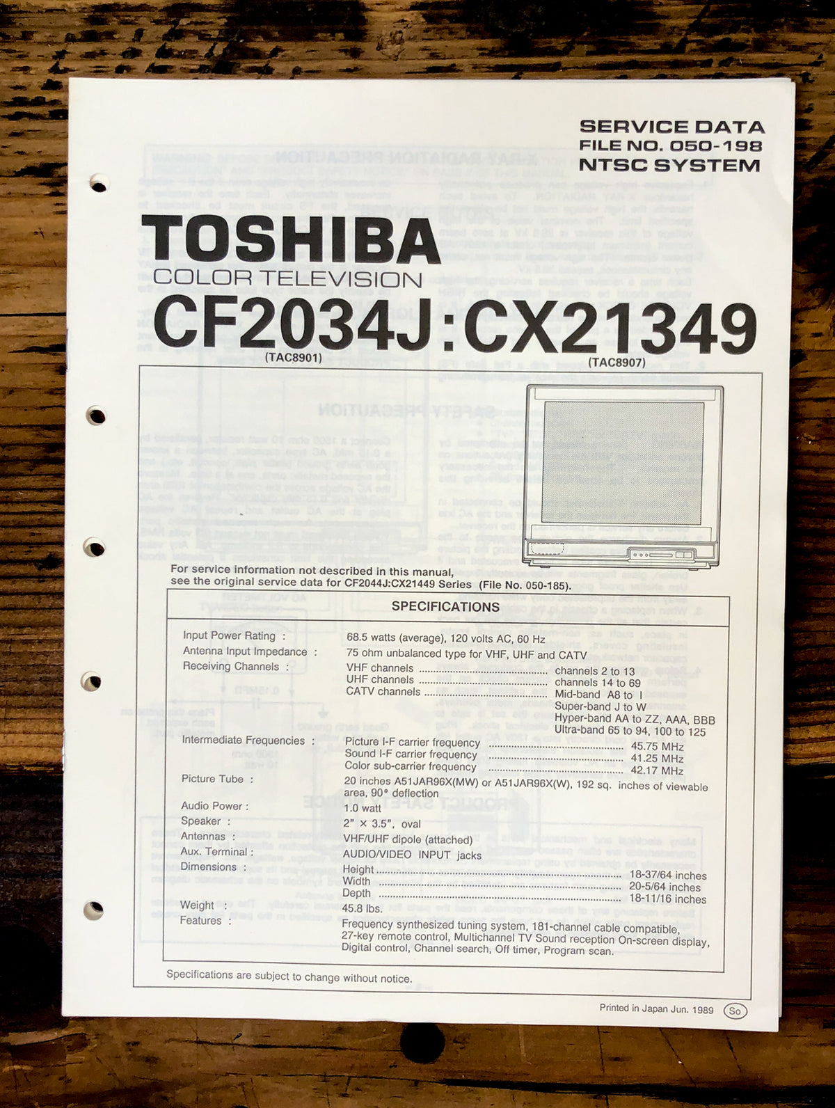 Toshiba CF2034J CX21349 TV  Service Manual *Original*