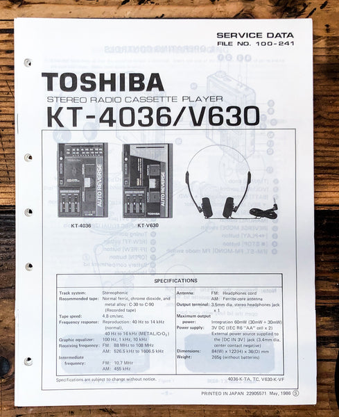 Toshiba KT-4036 KT-V630 Cassette Player Service Manual *Original*