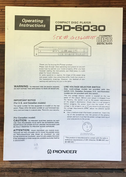 Pioneer PD-6030 CD Player User / Owners Manual *Original*