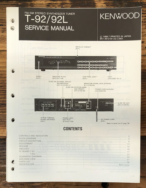 Kenwood T-92 T-92L Tuner  Service Manual *Original*