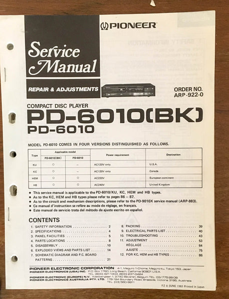 Pioneer PD-6010 CD Player Service Manual Notice *Original*