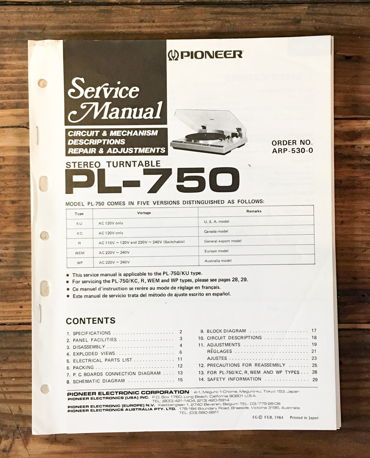 Pioneer PL-750 Record Player / Turntable  Service Manual *Original*
