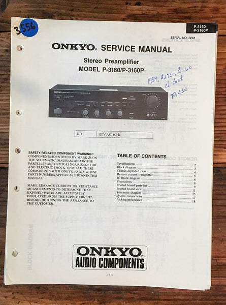 Onkyo P-3160 P-3160P Preamp / Preamplifier  Service Manual *Original*