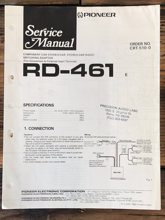 Pioneer RD-461 Car Radio Adapter  Service Manual *Original*