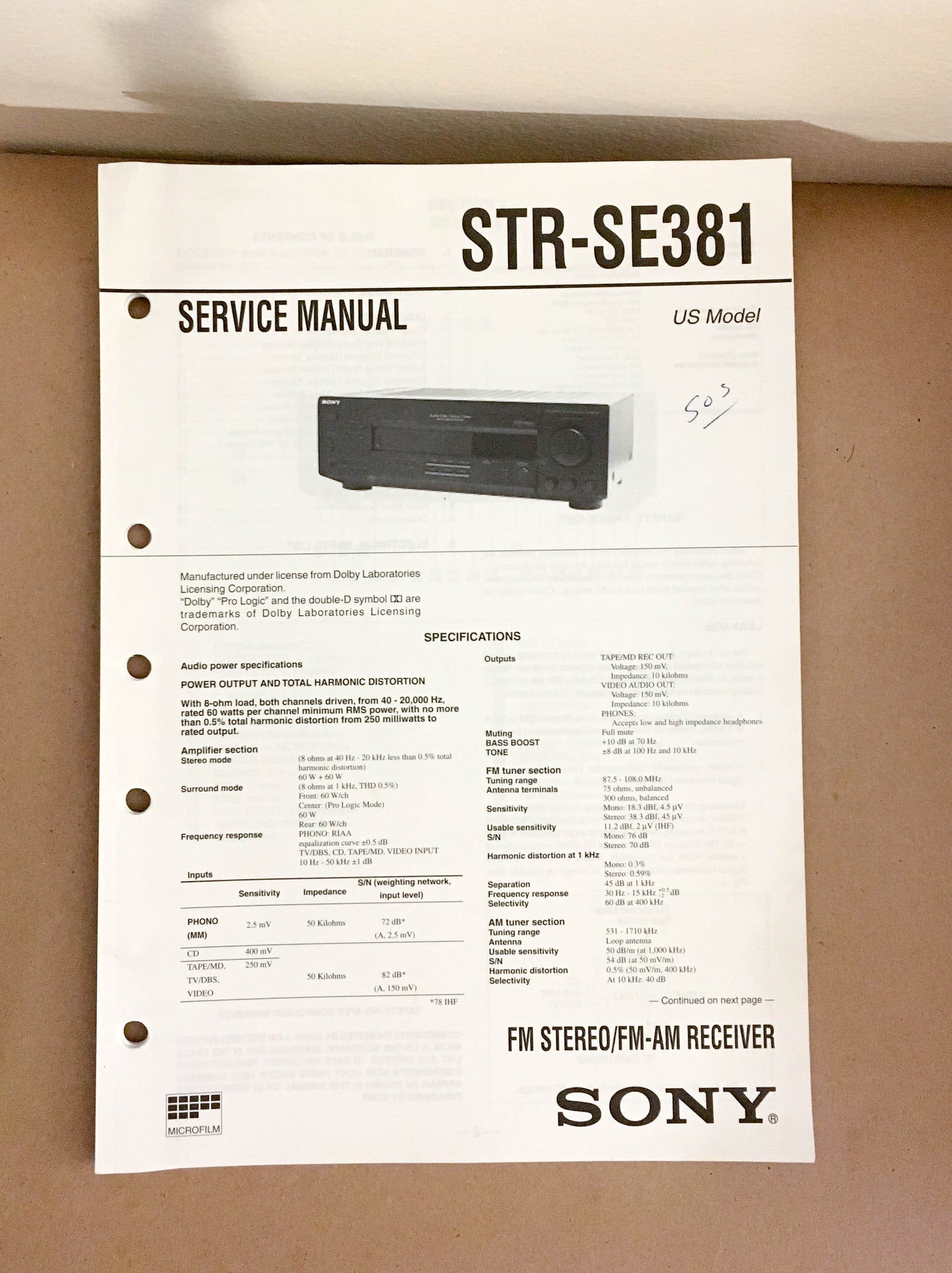 Sony STR-SE381 Receiver  Service Manual *Original*