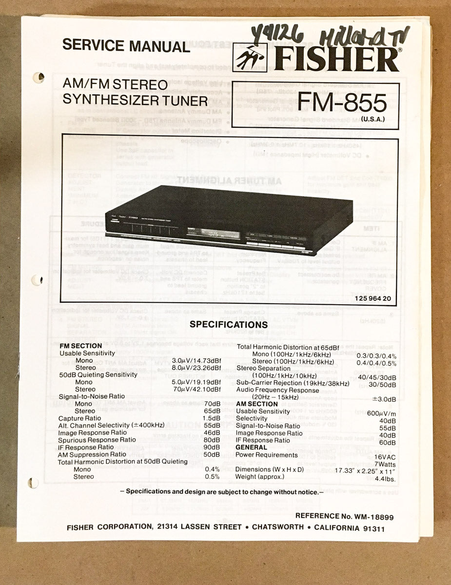 Fisher FM-855 Tuner Service Manual *Original*