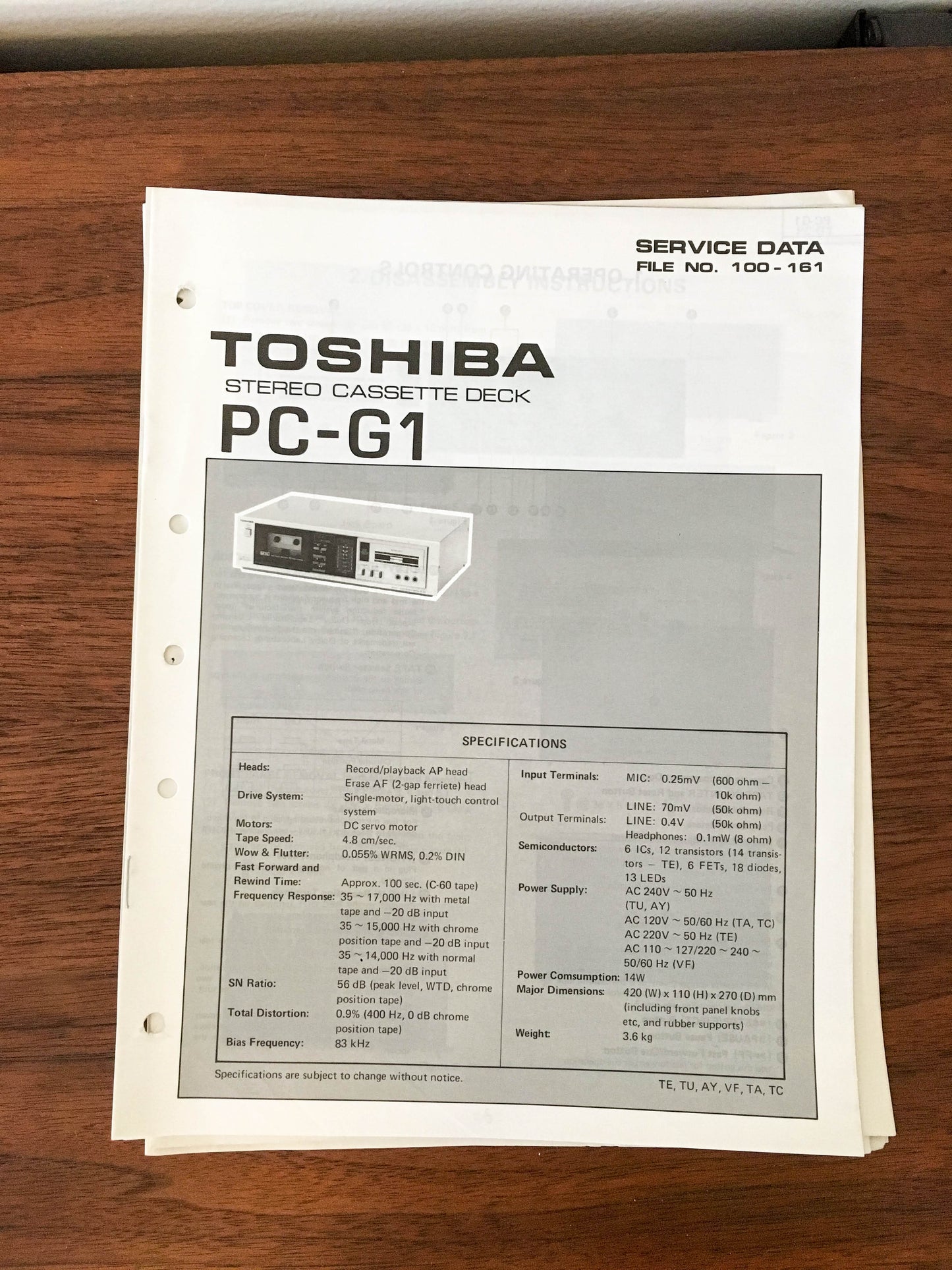 Toshiba PC-G1 Cassette Deck Service Manual *Original*